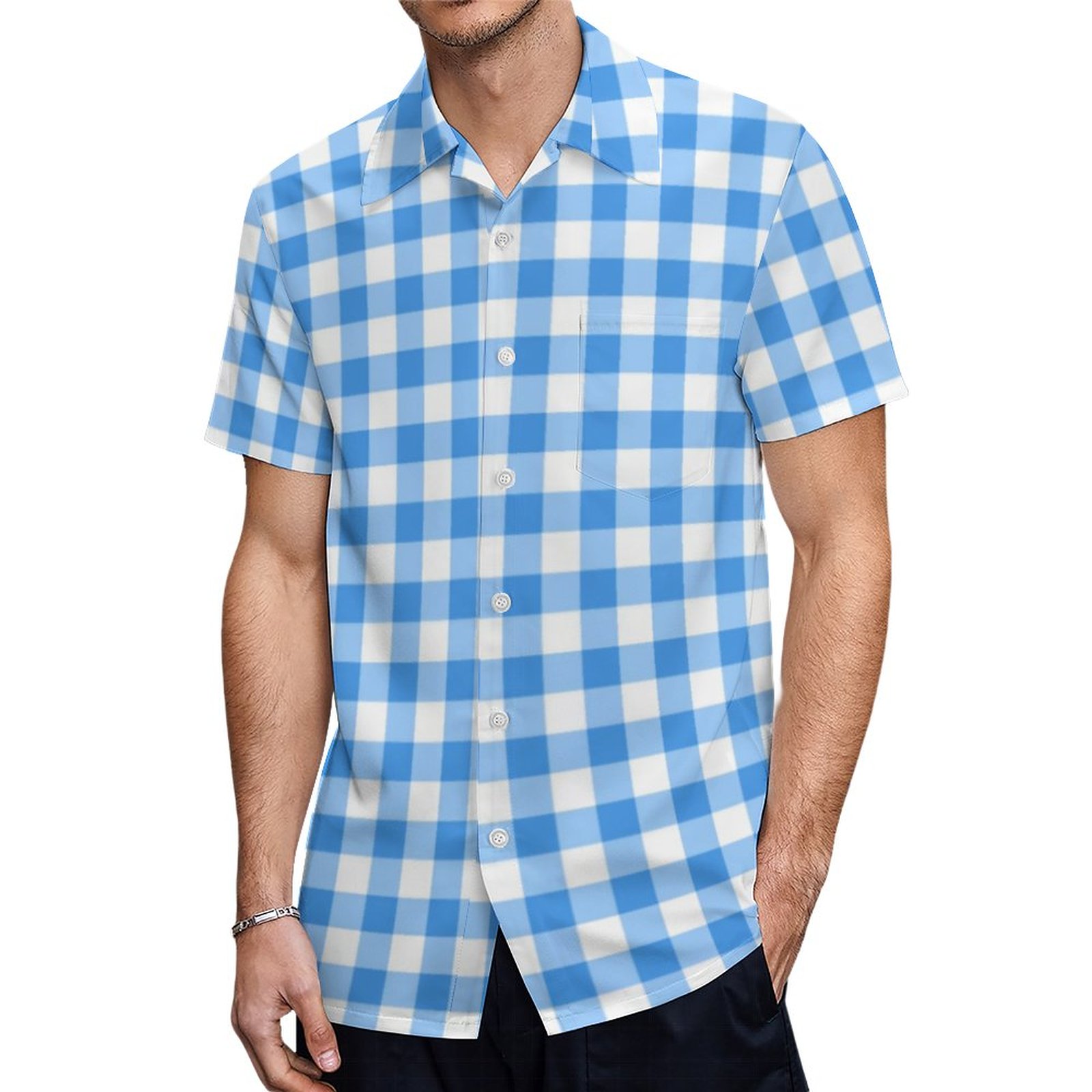 Blue And White Gingham Checks Hawaiian Shirt Mens Button Down Plus Size Tropical Hawaii Beach Shirts