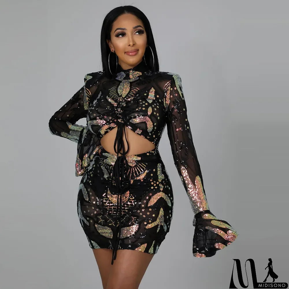 MidiSono - Sequin Lining Waist Hollow Sexy Nightclub Dress