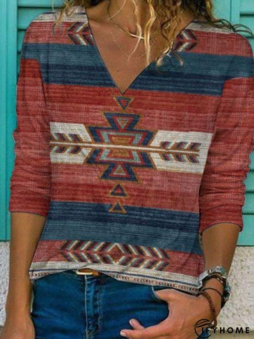 Western ethnic print V-neck long sleeve T-shirt | IFYHOME