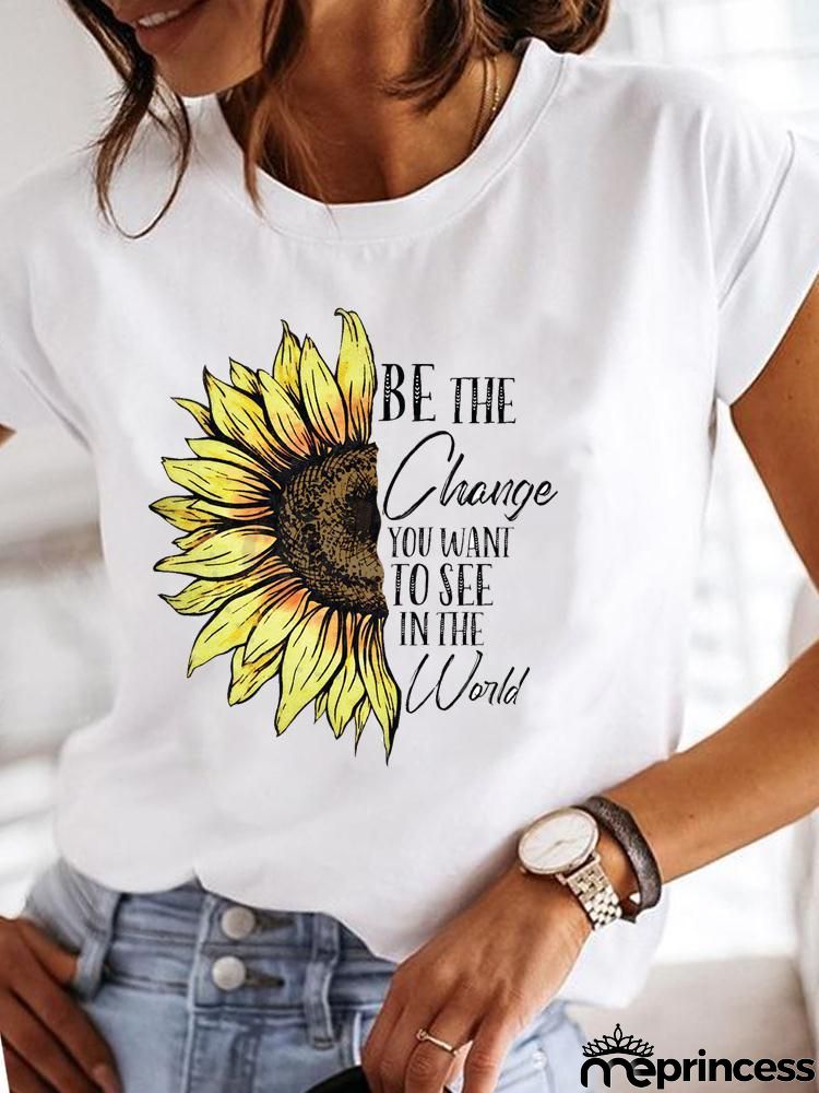 Women Fashion Base Letter Sunflower Cross Print Round Neck Short Sleeve T-Shirt