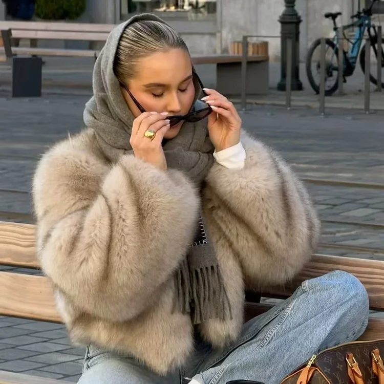 Round Neck Faux Fur Lapels Coat