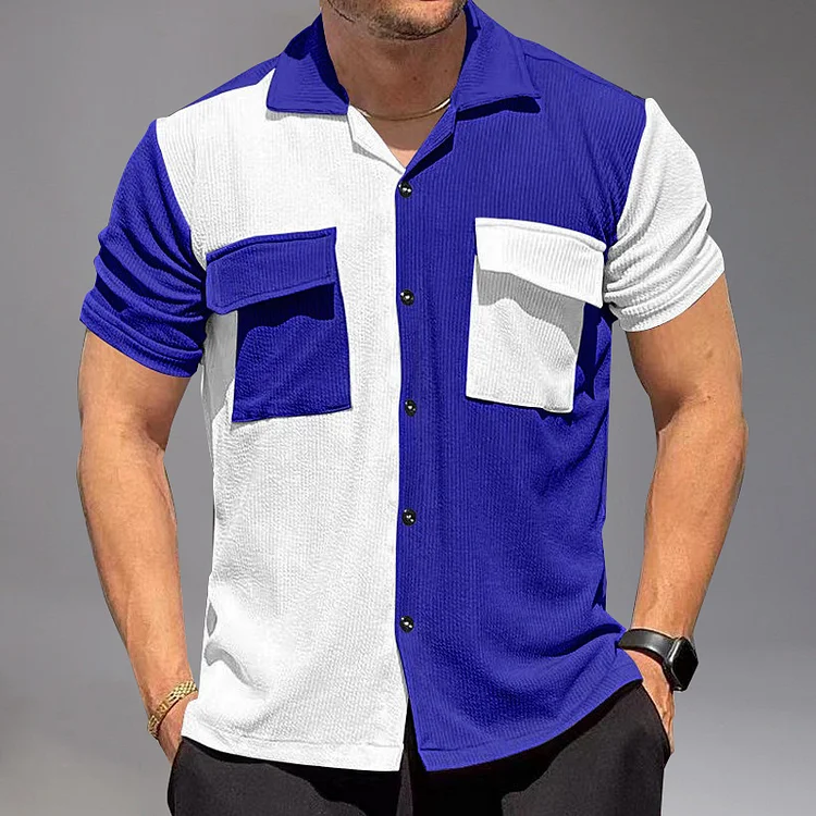 Casual Corduroy Color Blocks Flap Pocket Button Short Sleeve Shirt Okaywear