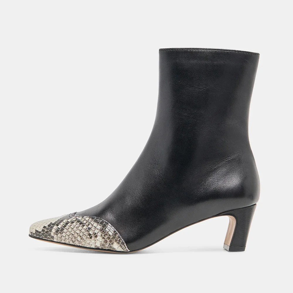 Black Snakeskin Pattern Closed Toe Chunky Heel Ankle Boots with Zipper
