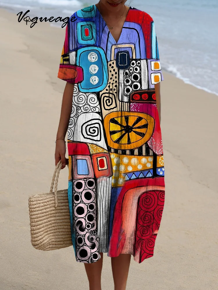 Design Pattern Stitching Printed Women's Casual Cotton And Linen Dress