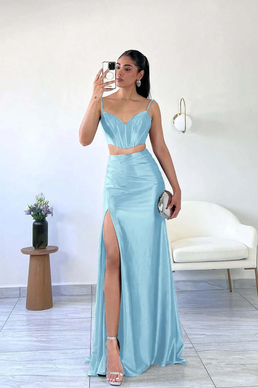 Miabel Simple Dark Green Satin Spaghetti Strap Sleeveless Long Prom Dress with Split