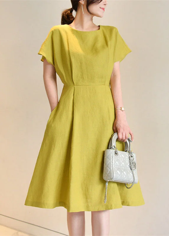 Organic Yellow O Neck Bow Wrinkled Cotton Mid Dress Summer