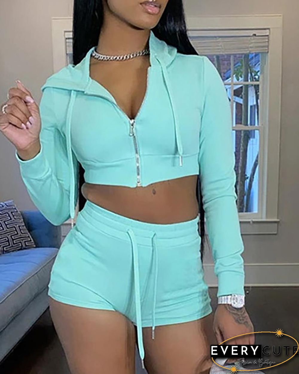 Zip Hooded Crop Top & Drawstring Shorts Set