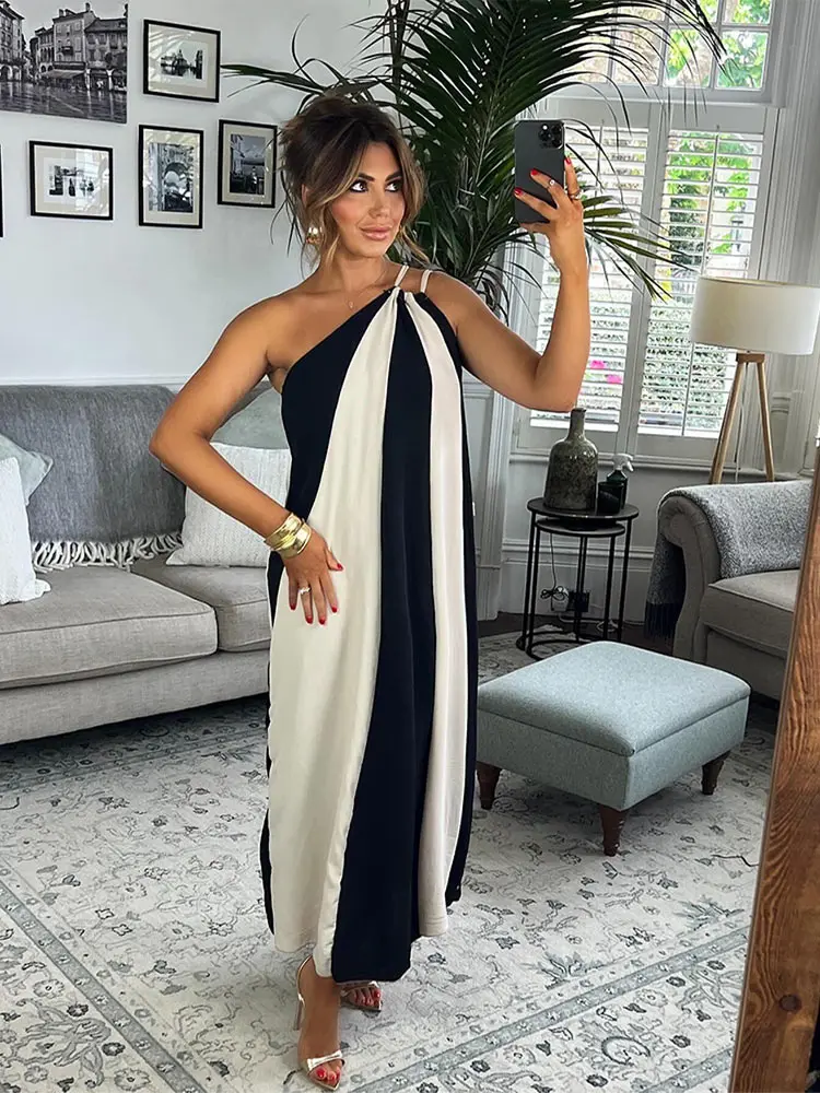 Funnipros Fashion Striped Contrast Color Diagonal Collar Maxi Dress Women Elegant One-shoulder Sleeveless Dresses Summer Lady Party Robes