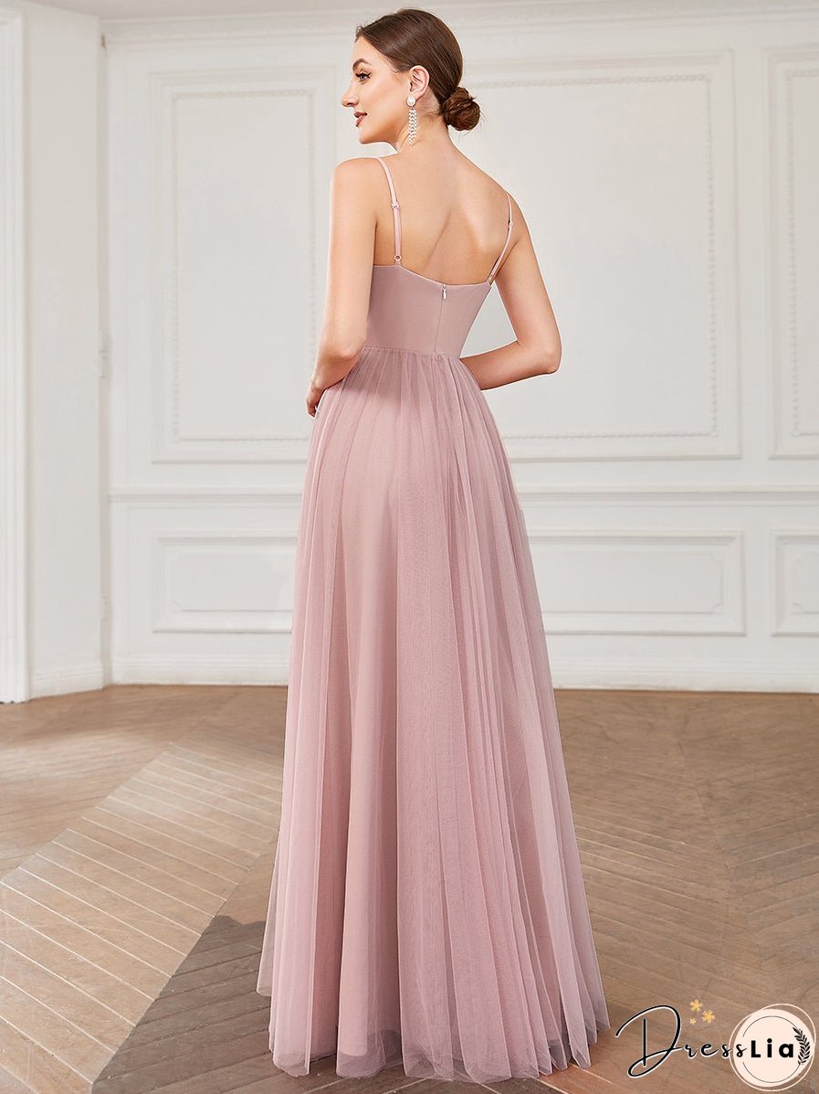 A Line Deep V Neck Spaghetti Straps Wholesale Bridesmaid Dresses