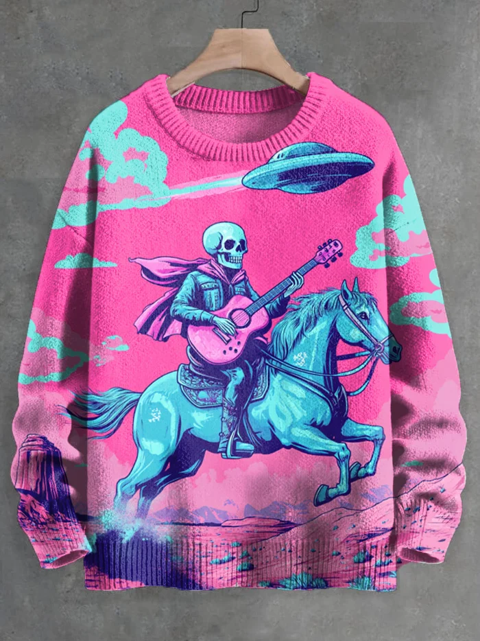 Men's Funny Futuristic Sci-Fi Art UFO Skull and Horse Print Knit Sweatshirt