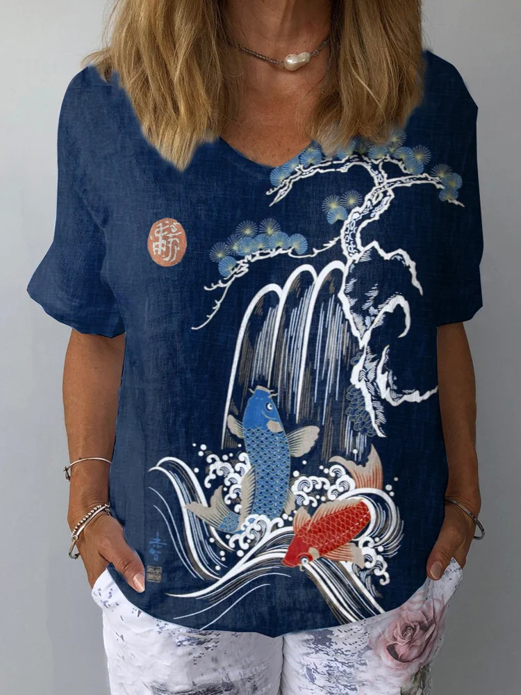  Japanese Blue Carp Art Women's Cotton Linen V-neck T-shirt