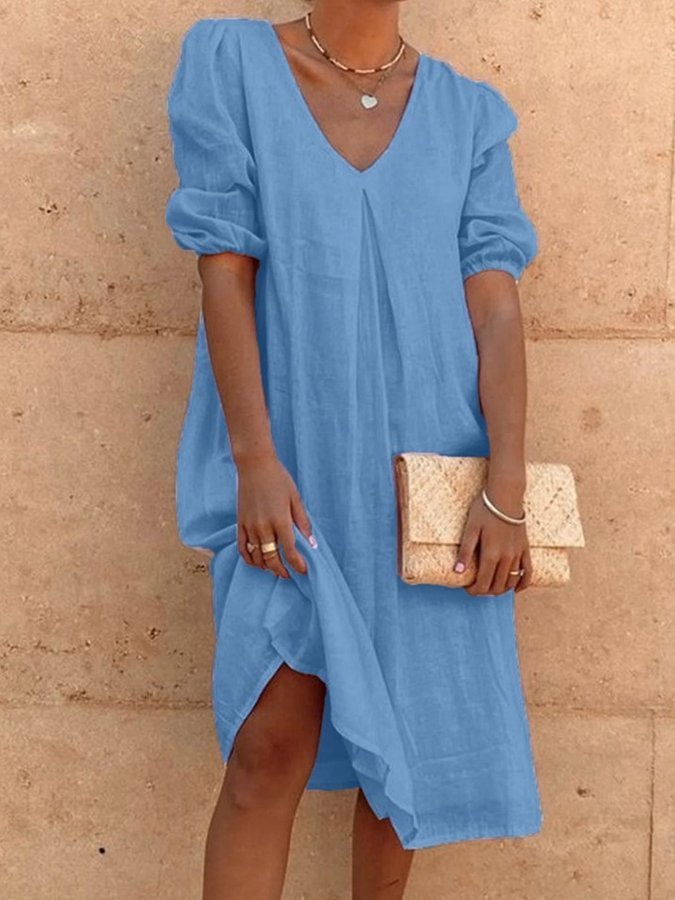 Ladies Cotton Linen Solid Color Fashion Casual Dress