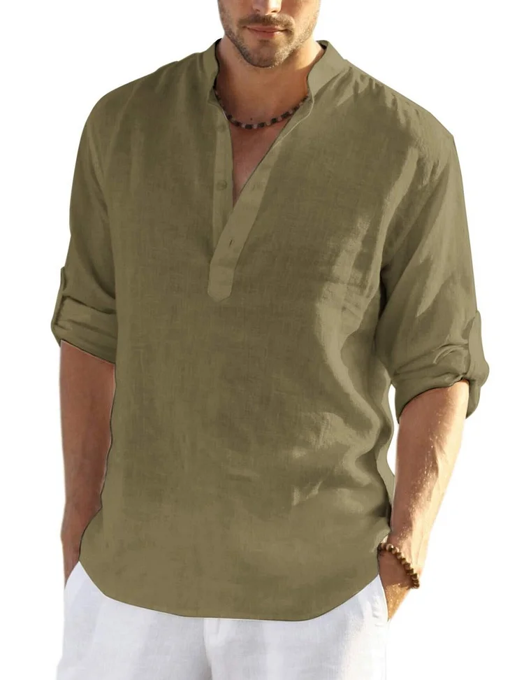 Men's Linen Casual Shirts Loose Long Sleeves Solid Color Stand Collar Cotton Linen Shirts socialshop