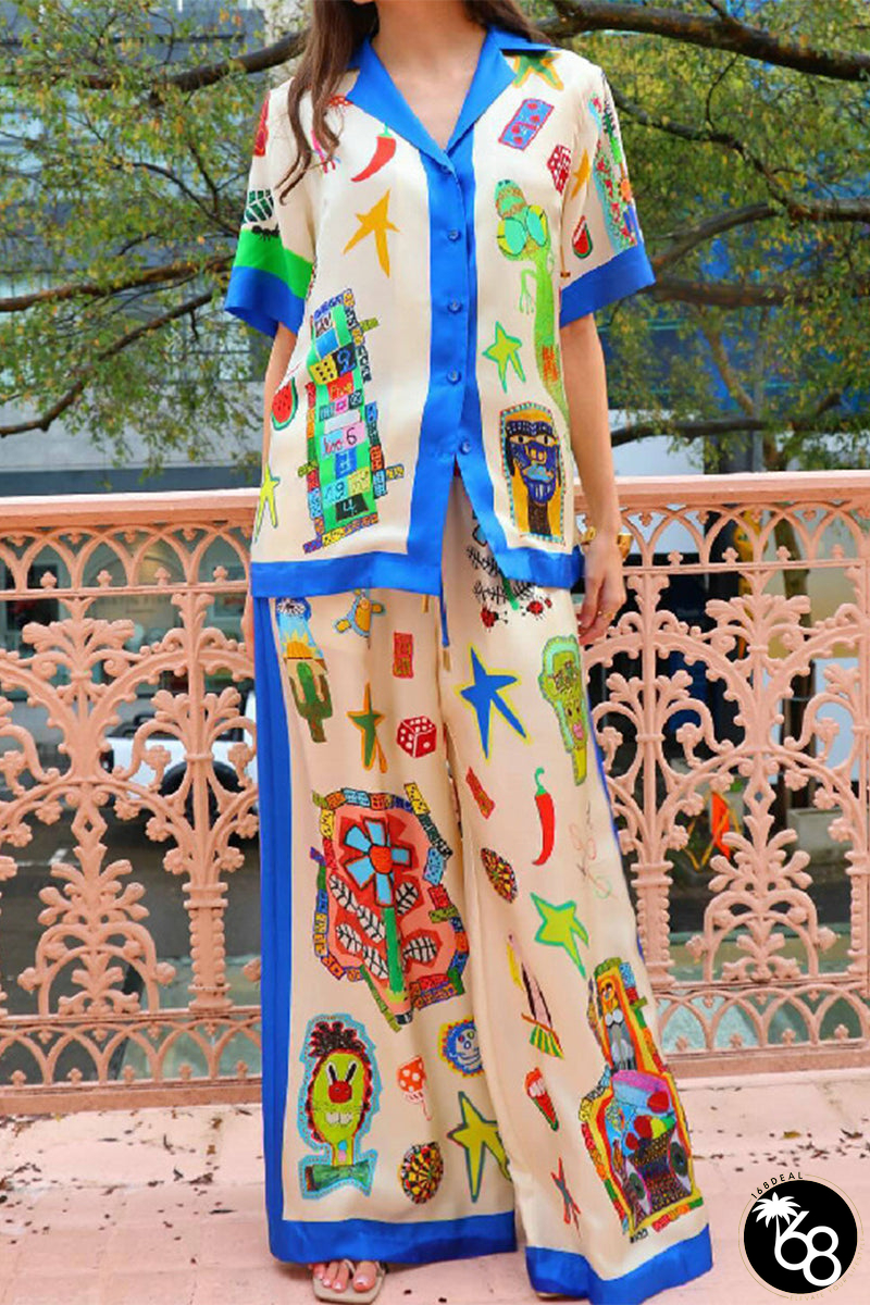 Casual Street Graffiti Print Patchwork Contrast Turndown Collar Short Sleeve Two Pieces | 168DEAL