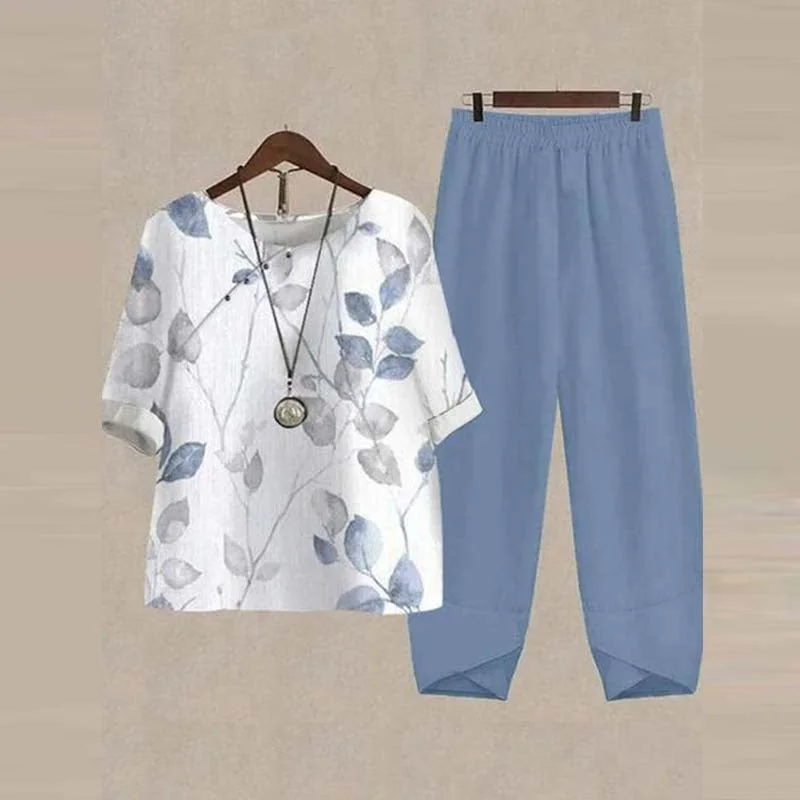 Women's Half Sleeve Scoop Neck Floral Printed Buttons Top & Pockets Design Long Pants Set