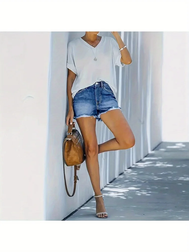 Women's High-Waisted Distressed Denim Shorts With Fringe Detail - Summer Shorts, Elegant Casual Style, Stretch Fabric, Pockets, Solid Color, High Waisted Short