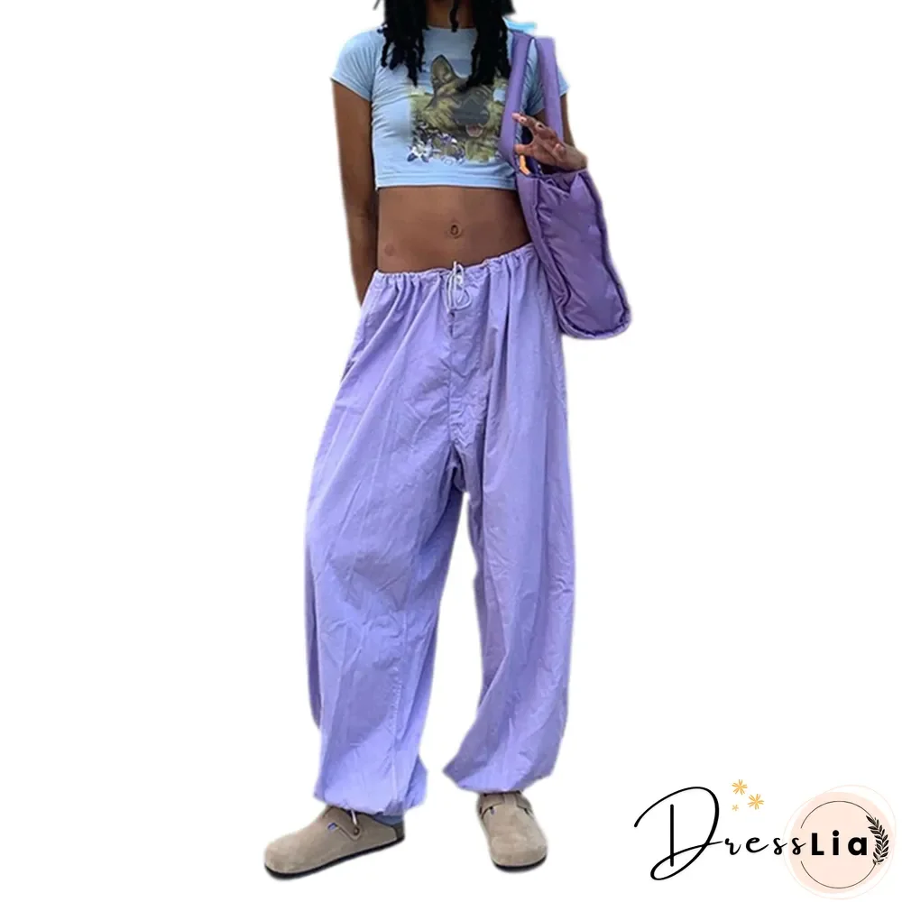 Y2k Pants Women Solid Color Drawstring Elastic Waist Loose Trousers Fairycore Grunge Sweatpants Casual Streetwear