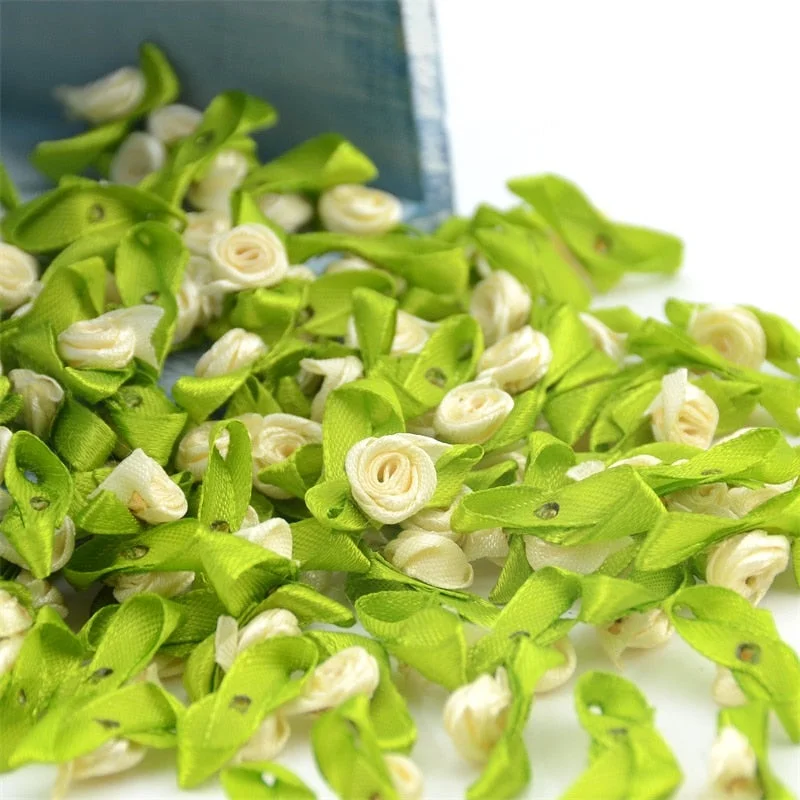 300pcs Mini Satin Ribbon Flower Silk Rose head Ribbon DIY Wedding Bow Appliques Craft Sewing Clothing Accessories  Decoration