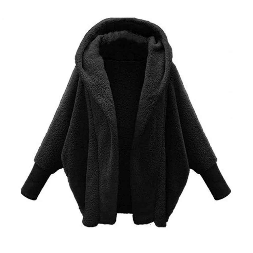 Women Coat Fleece Hooded Thick Long Sleeves Cardigan Keep Warm Soft Elastic Cuff Batwing Sleeves Winter Jacket