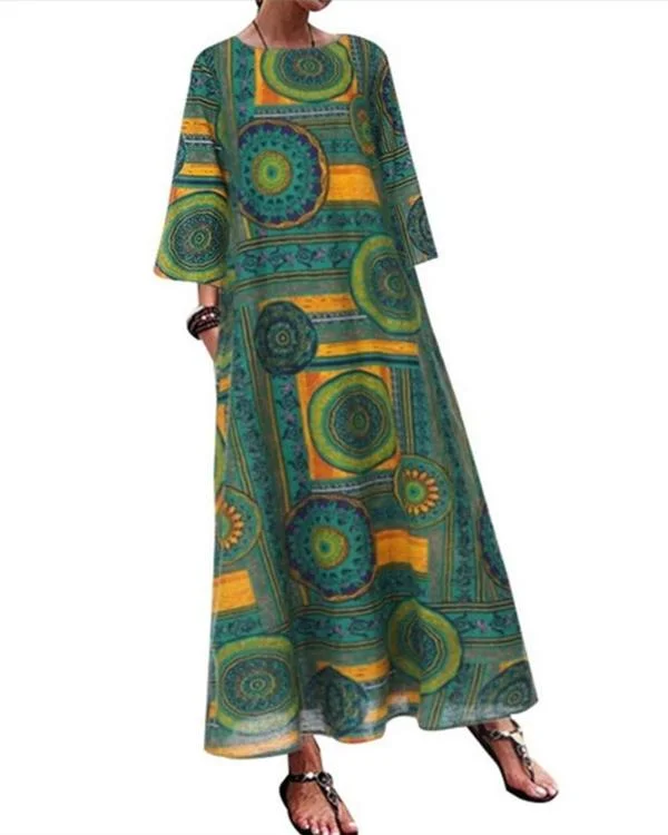 Vintage Printed O-neck Side Pockets Long Sleeve Maxi Dress