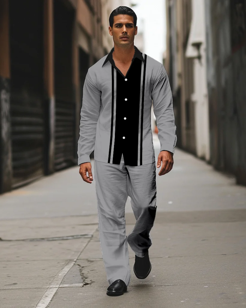 Men's Striped Printed Long Sleeve Shirt Walking Suit 595