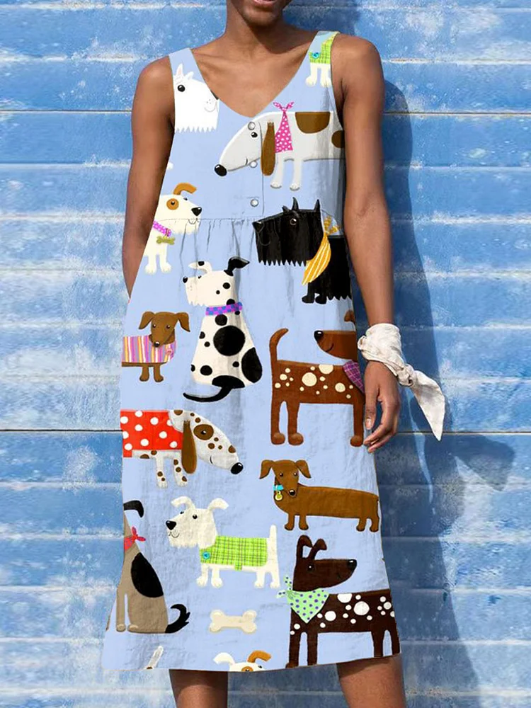 Women's Funny Dog Art Print Sleeveless Cotton And Linen Dress
