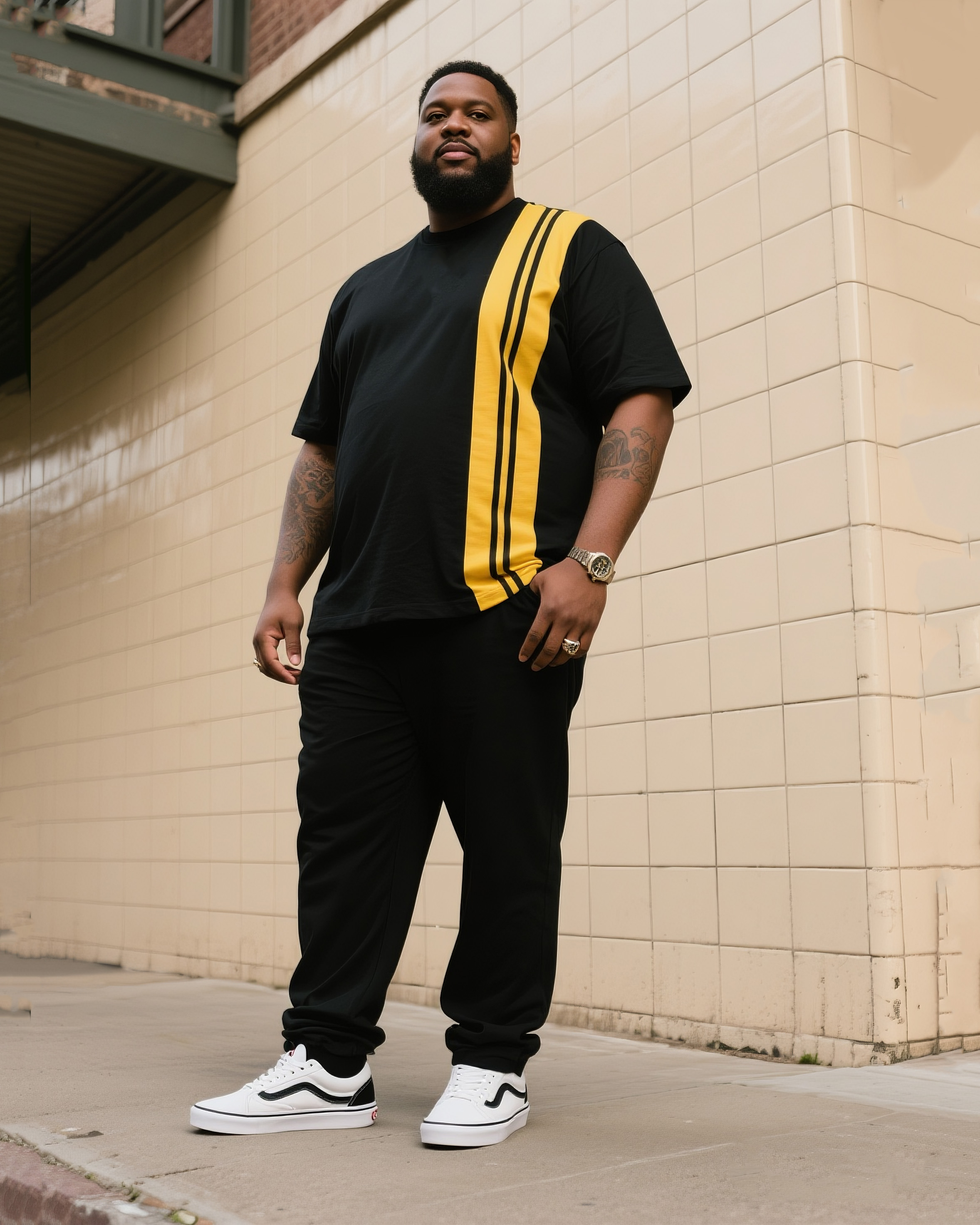 Big Boy's Daily Casual Black Spell Turmeric Striped Round Neck Short-sleeved T-shirt Trousers