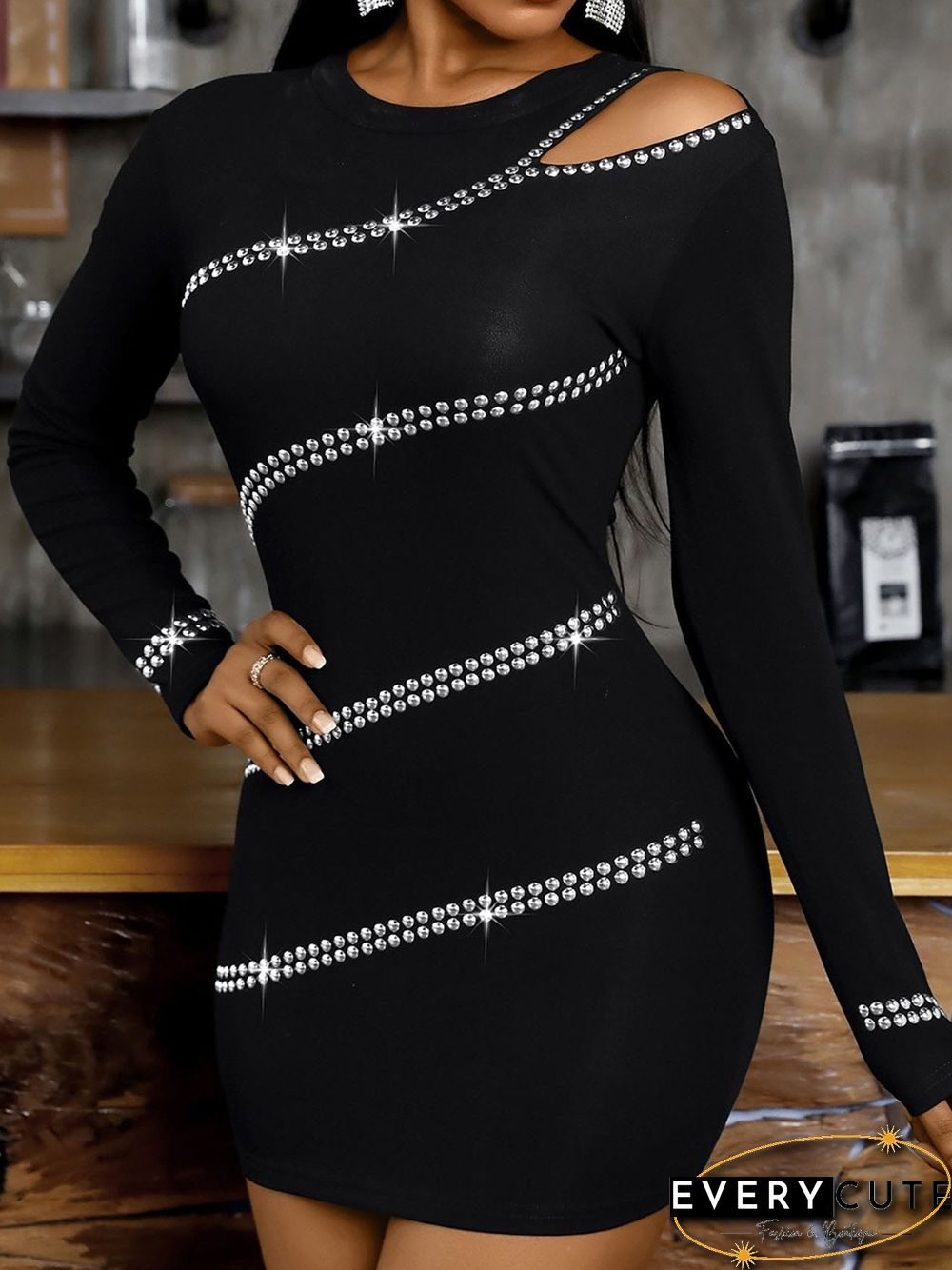 Round Neck Off Shoulder Rhinestone Dress