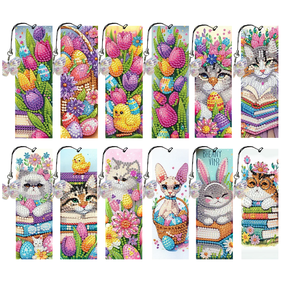 12Pcs Easter Cats DIY Diamond Art Painting Bookmark for Reading Enthusiasts