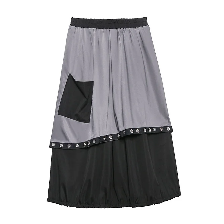 Sreet Contrast Color Patchwork Pocket Elastic Waist Skirt 