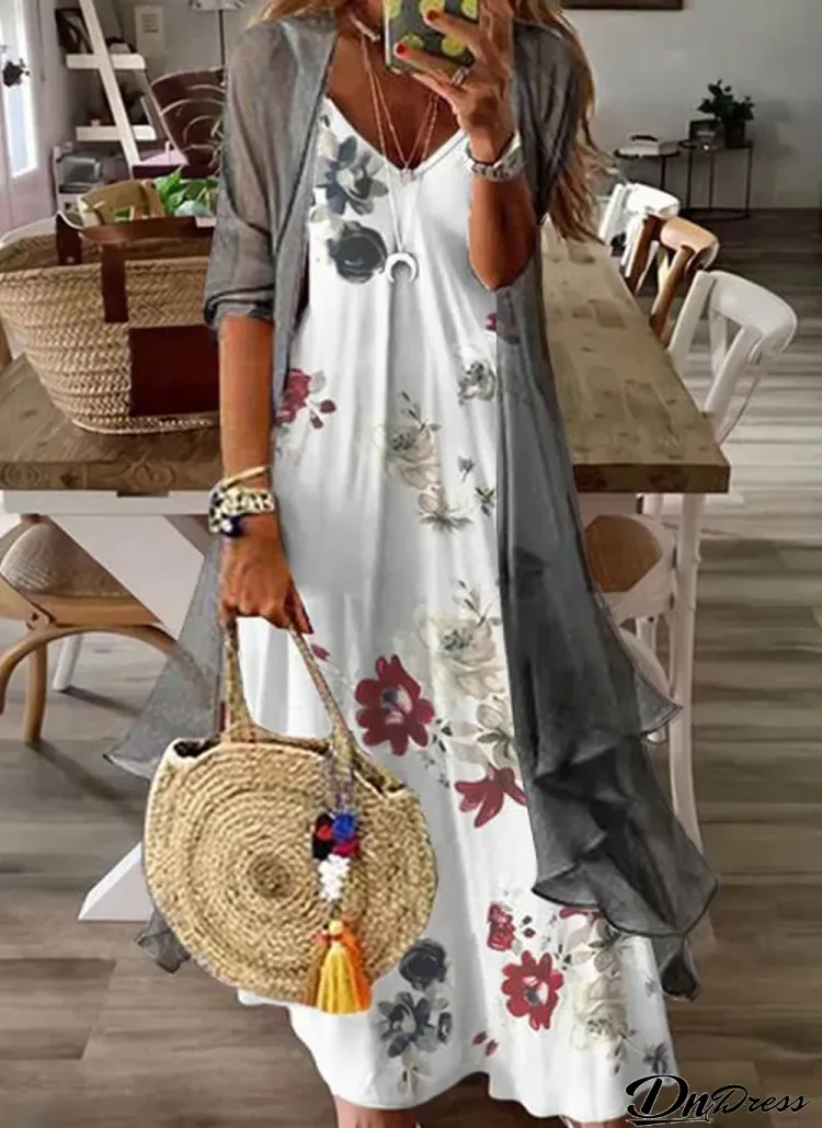 V Neck Cotton Maxi Dress Two Piece Set