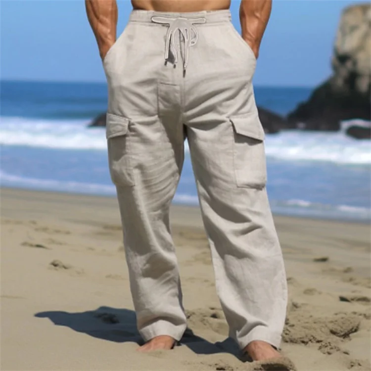 Men'S Solid Color Cotton And Linen Multi-Pocket Drawstring Cargo Pants