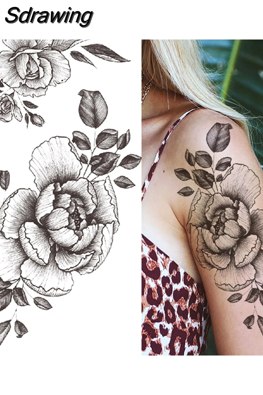 Sdrawing Fake Peony Temporary Tattoos For Women Girl Black Rose Elephant Flower Tattoo Sticker Tiger Anemone Tatoos Half Sleeve 521-1