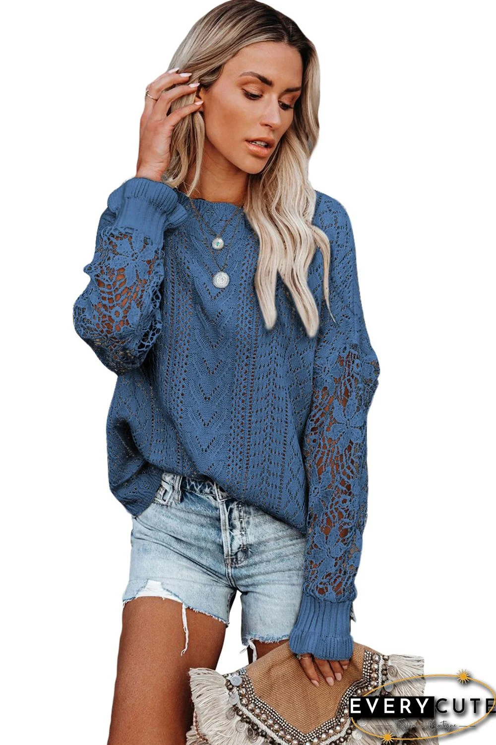 Blue Crochet Lace Pointelle Knit Sweater