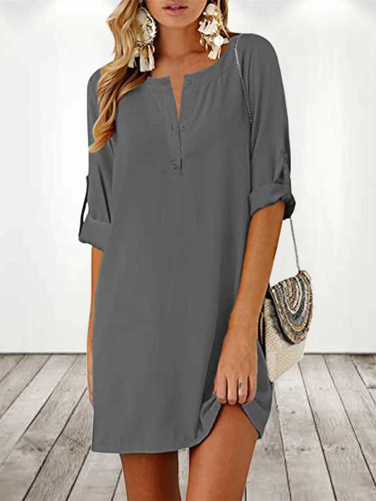Women's 3/4 Sleeve V-neck Cotton And Linen Solid Color Midi Dress