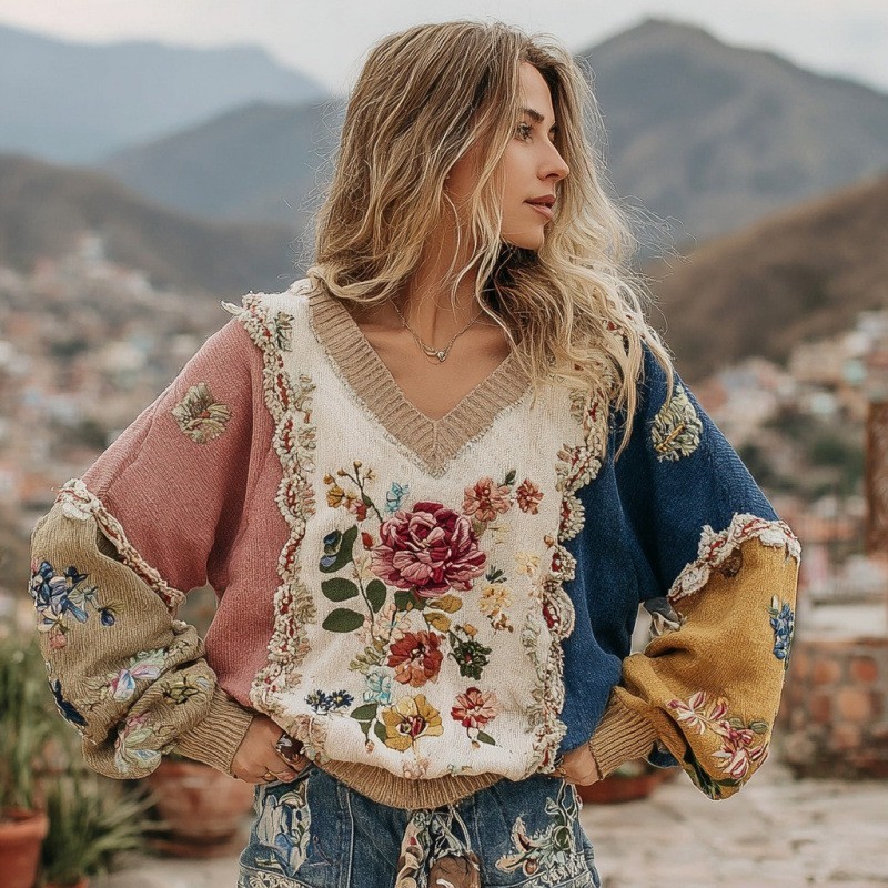 Women&rsquo;s Autumn Winter Loose V-Neck Top Casual Drop Shoulder Chunky Knit Sweatshirt-1016