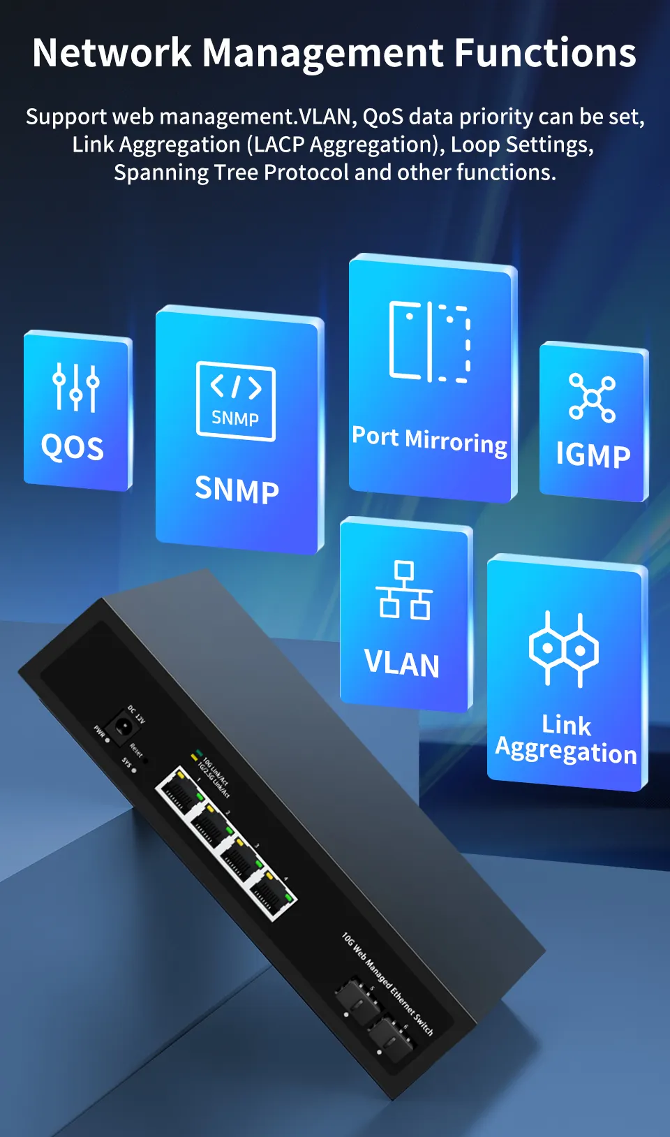 GoodTop 10GbE Web Managed Switch 4 Port RJ45 10000Mbps Smart