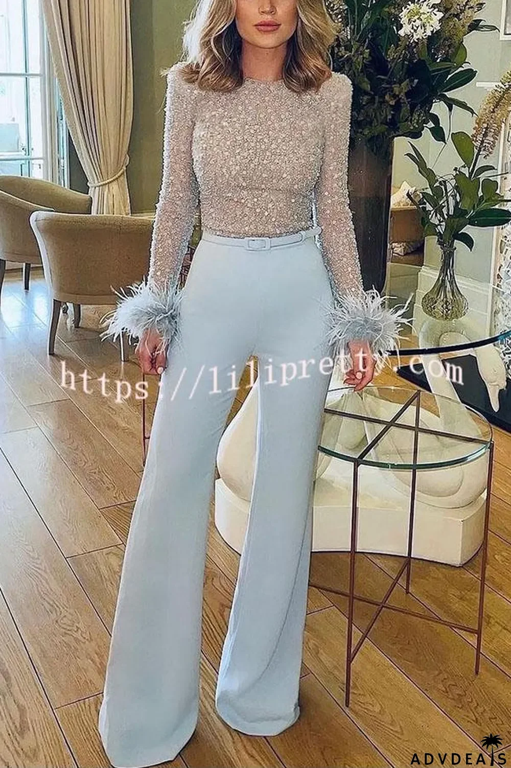 Ready for Vegas Feather Detail Trim Sequin Jumpsuit
