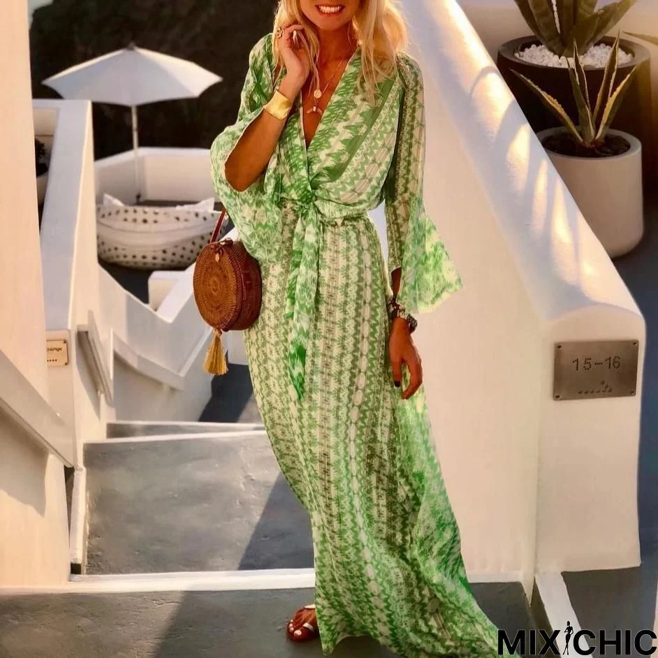 Glamorous Green V-Neck 3/4 Sleeve Printed Maxi Vacation Dress