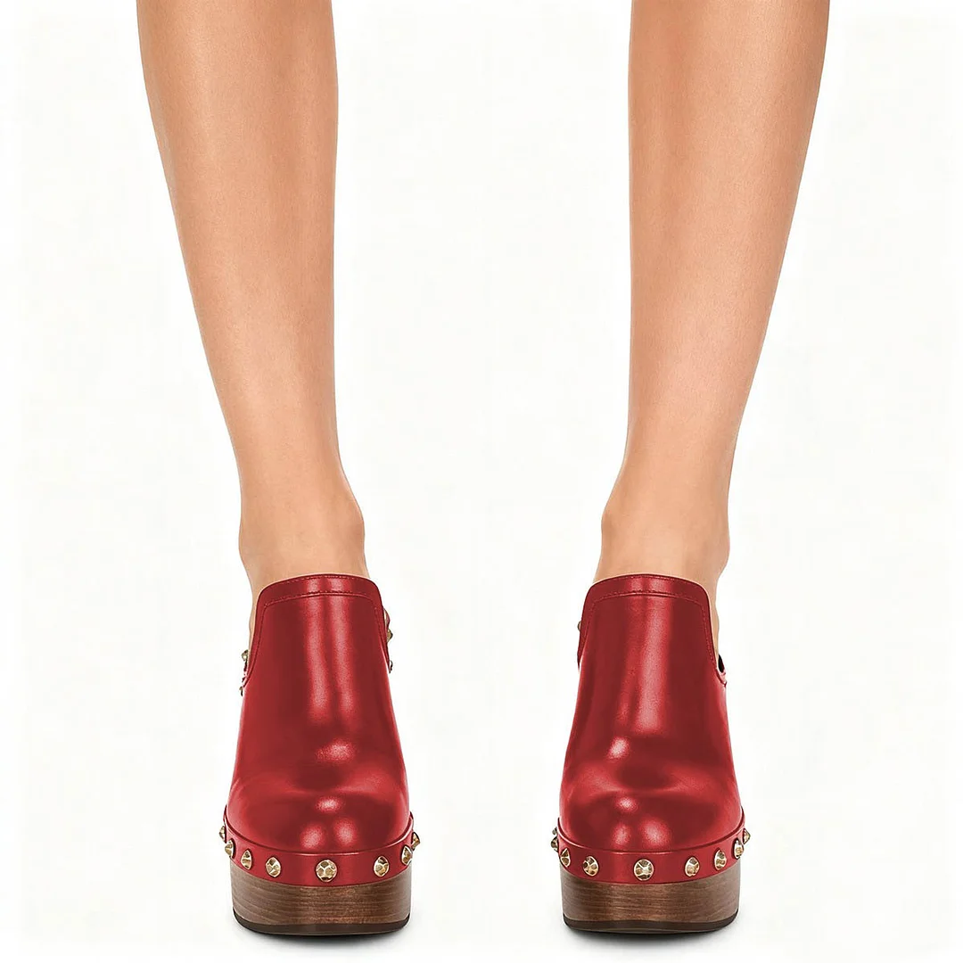 Red Round Toe Platform Chunky High Heel Studded Women's Mules Shoes