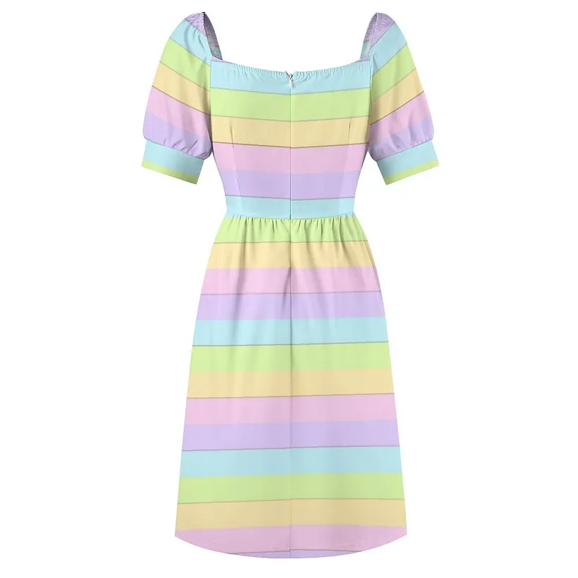 SFNEEWHO Colorful Easter Pastel Dress Women Boho High Waist Flared Puff Sleeve Cute Sweetheart Midi Dress
