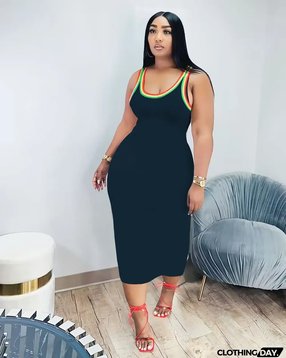 Women's Rainbow Stripe Neckline Sleeveless Long Tight Fitting Dress
