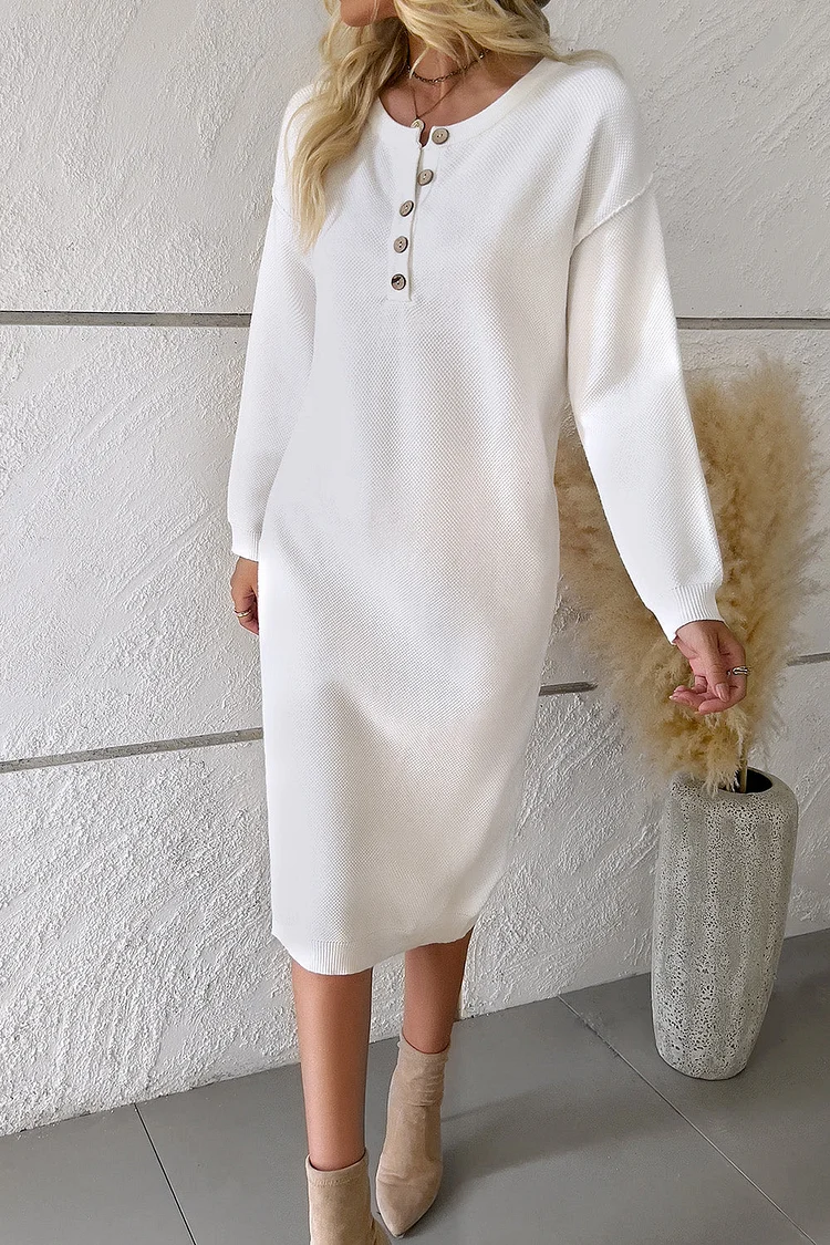 Women's Knitted Dress Front Buttoned Drop Shoulder Dress Fall Winter Dress