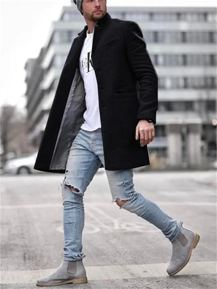 Men's Solid Color Trend Fashion Midi Length Coat-Cosfine
