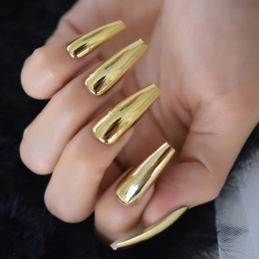Pure Golden Color Simple Design  Press On Nails Coffin Extra Long Supplies For Professionals Wholesale Charms Nail EchiQ 24pcs