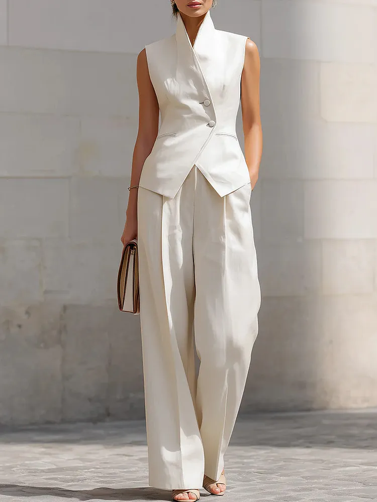Women's Stand-up Collar Sleeveless Casual Loose Top And High-waisted Casual Loose Wide-leg Pants Cotton Set