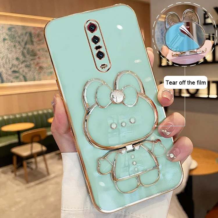 For Xiaomi 9T Pro Phone Case Soft Silicone Plating Cartoon Rabbit Fold Stand Makeup Mirror Bracket Cover