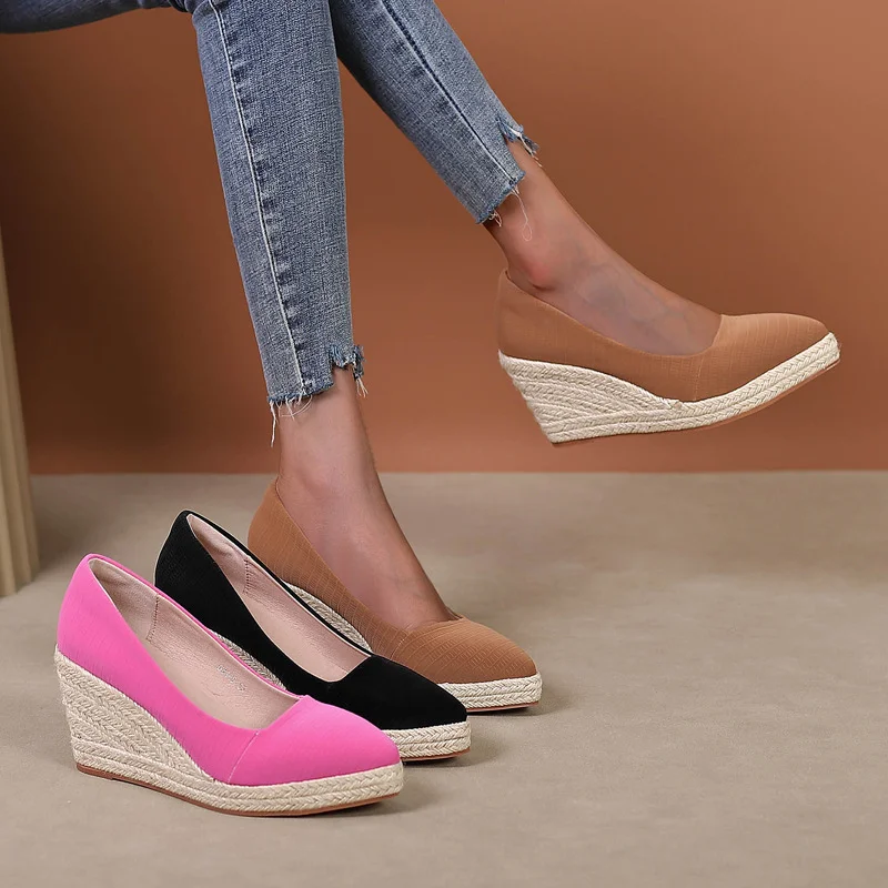 Wongn Wongn And Autumn Slope With Thick Platform High Heel Pointed Single Shoes Women Grass Hemp Rope Bottom