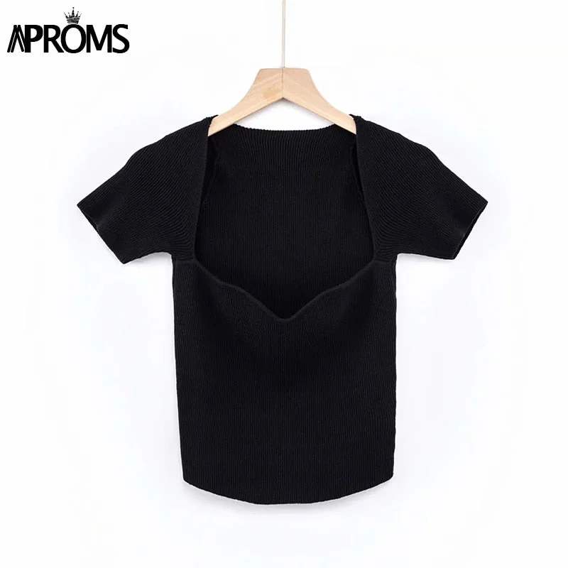 Aproms Green Square Neck Ribbed Knitted T-shirt Women Sexy Solid Color High Strench Tshirt Cool Girls Street Style Crop Top 2022