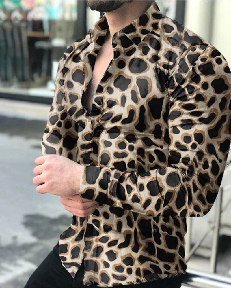 men's casual leopard print long-sleeved shirt
